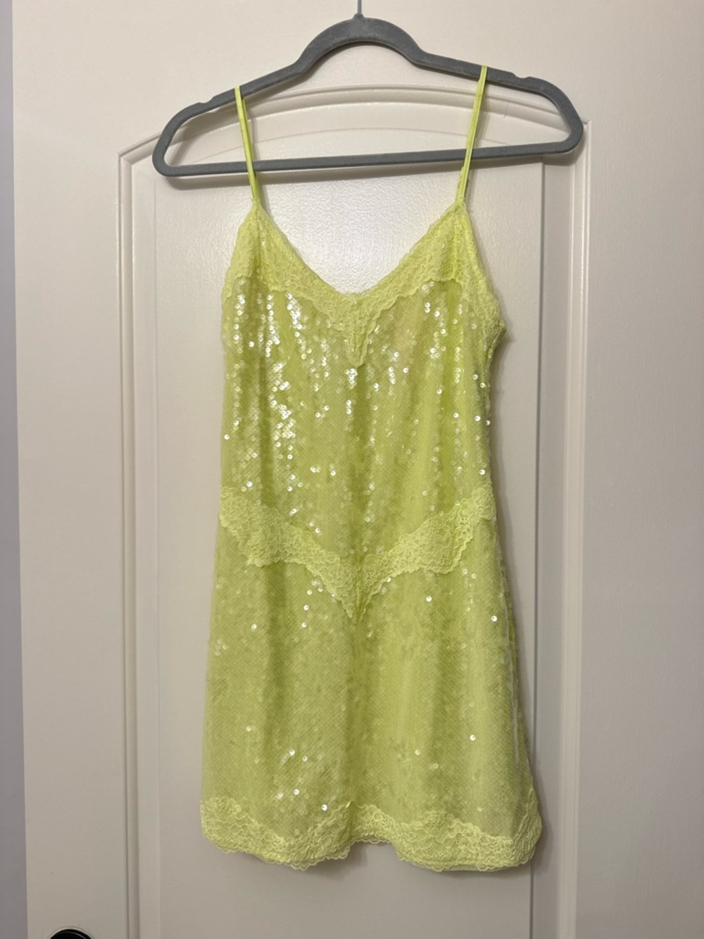 Lace Trim Sequin Chemise Slip - Neon Yellow